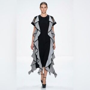 Kosmios Black Avant-Garde Ruffle Midi Dress Mesh Sleeves Gingham Stripe M
